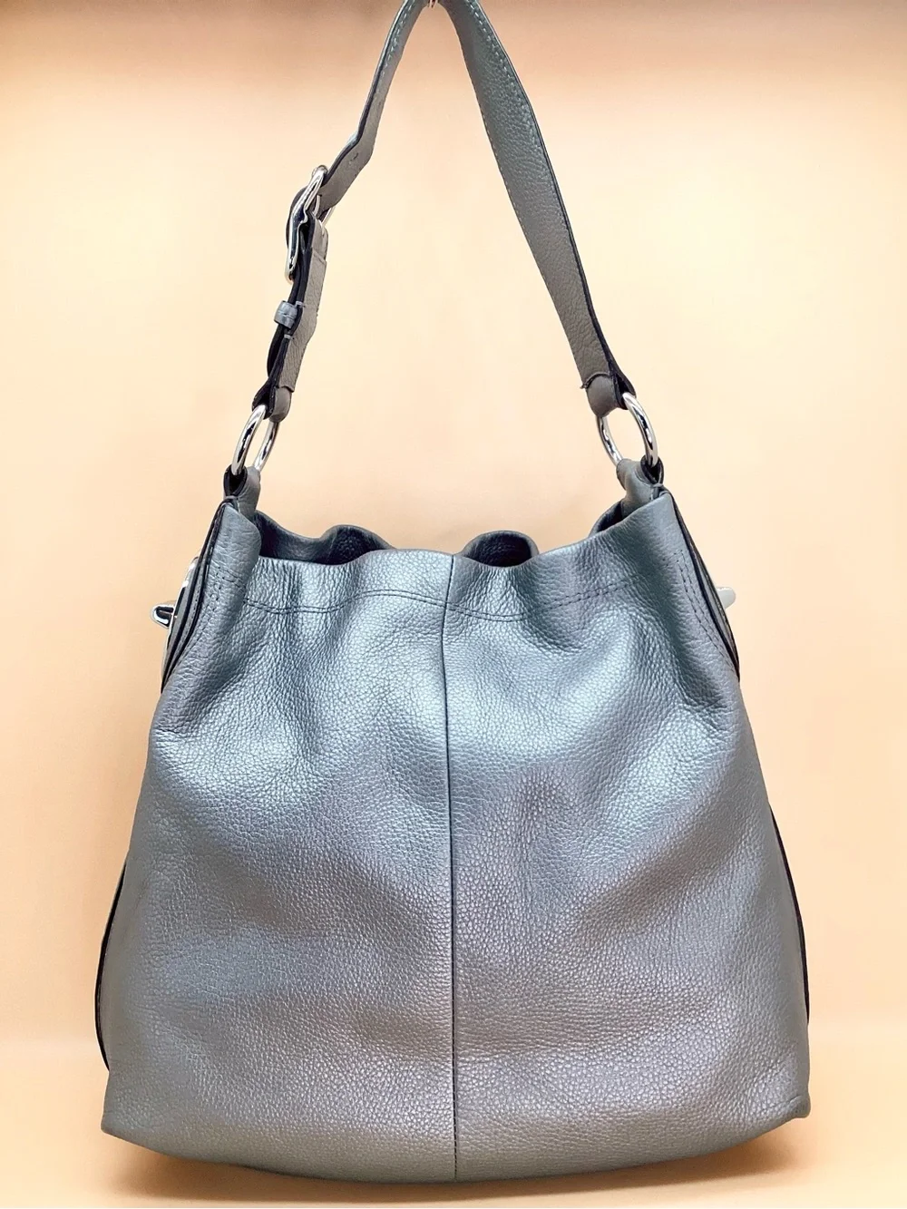 Coach Gray Pebbled Leather Hobo Bag with Silver Hardware